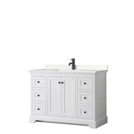 Avery 48 Inch Single Bathroom Vanity in White, Carrara Cultured Marble Countertop, Undermount Square Sink, Matte Black Trim
