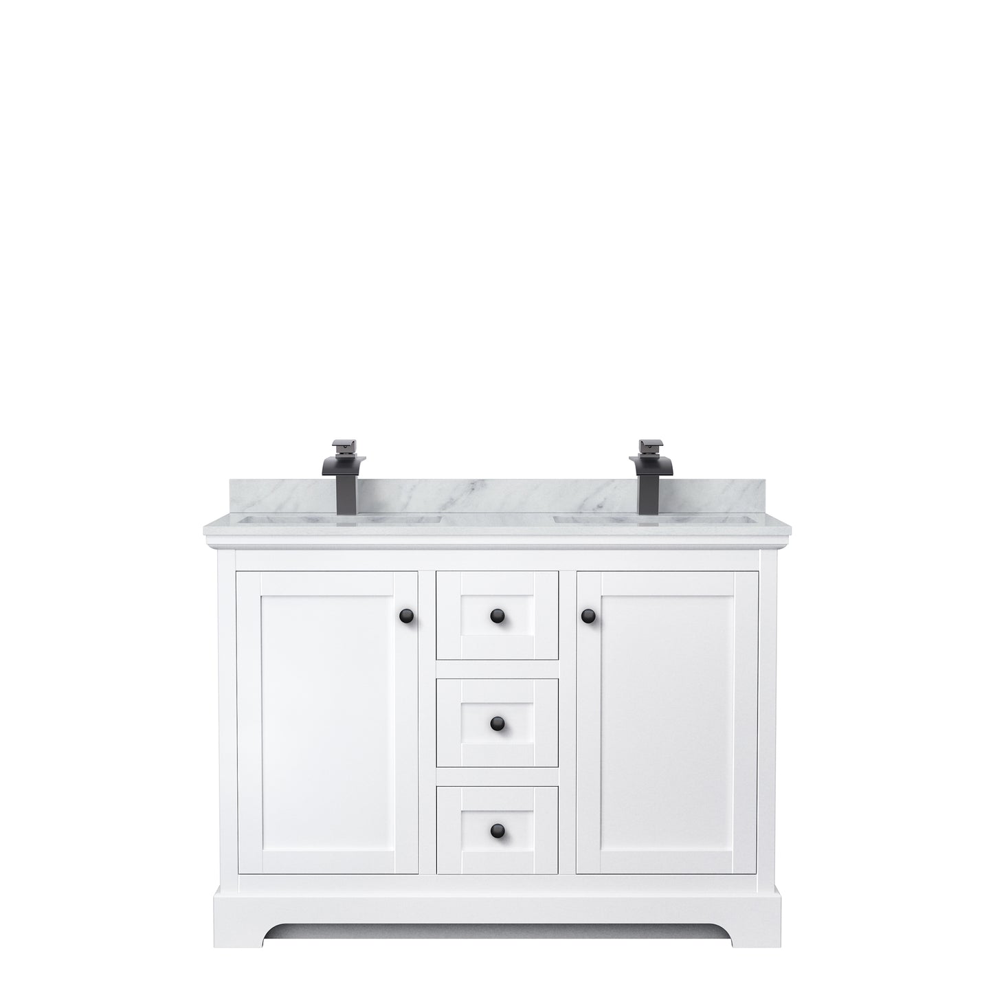 Avery 48 Inch Double Bathroom Vanity in White, White Carrara Marble Countertop, Undermount Square Sinks, Matte Black Trim