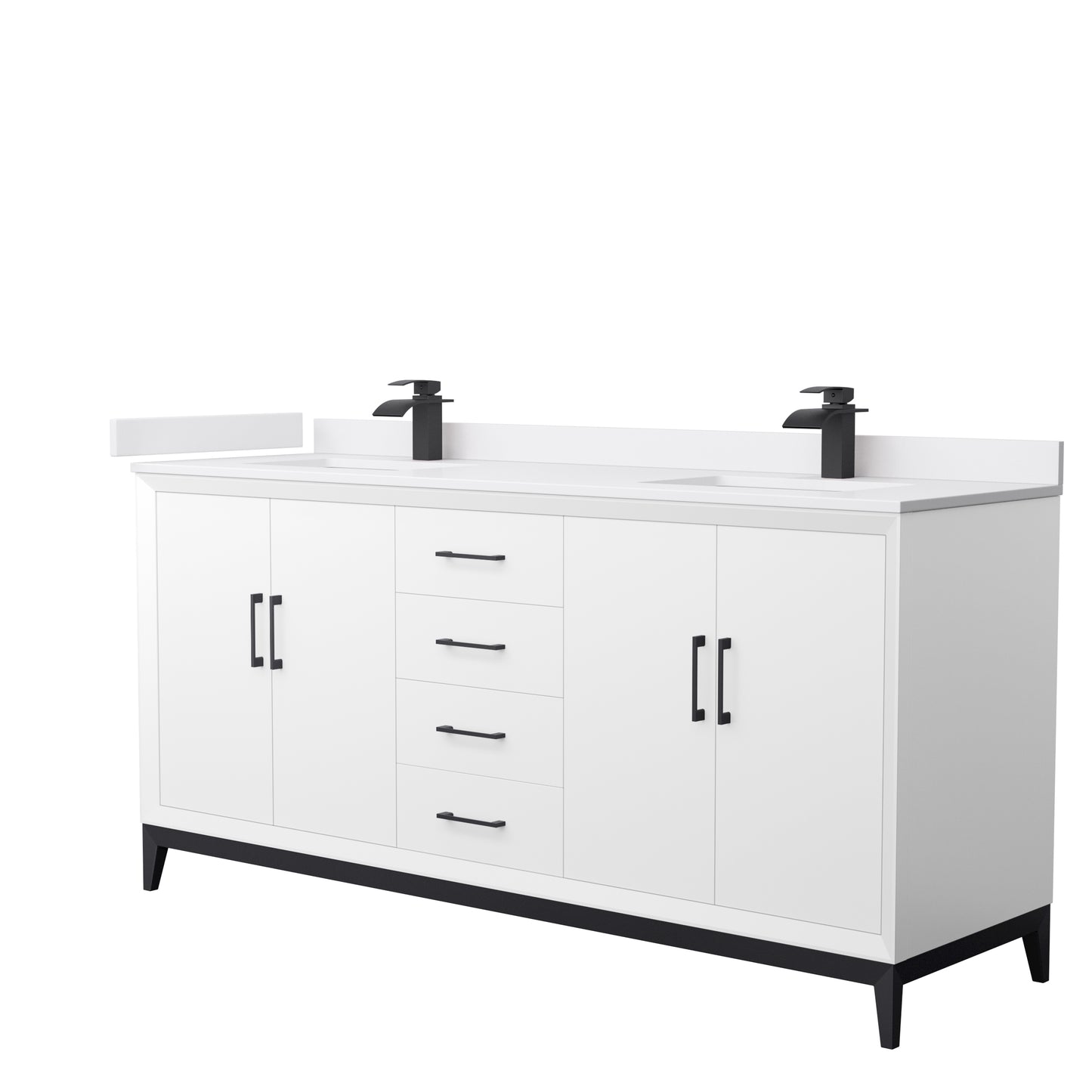 Amici 72 Inch Double Bathroom Vanity in White, White Cultured Marble Countertop, Undermount Square Sinks, Matte Black Trim