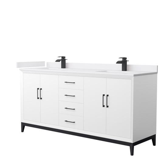 Amici 72 Inch Double Bathroom Vanity in White, White Cultured Marble Countertop, Undermount Square Sinks, Matte Black Trim