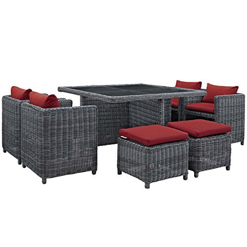 Modway EEI-2334-GRY-RED-SET Summon 7 Piece Outdoor Patio Sunbrella Dining Set in Canvas