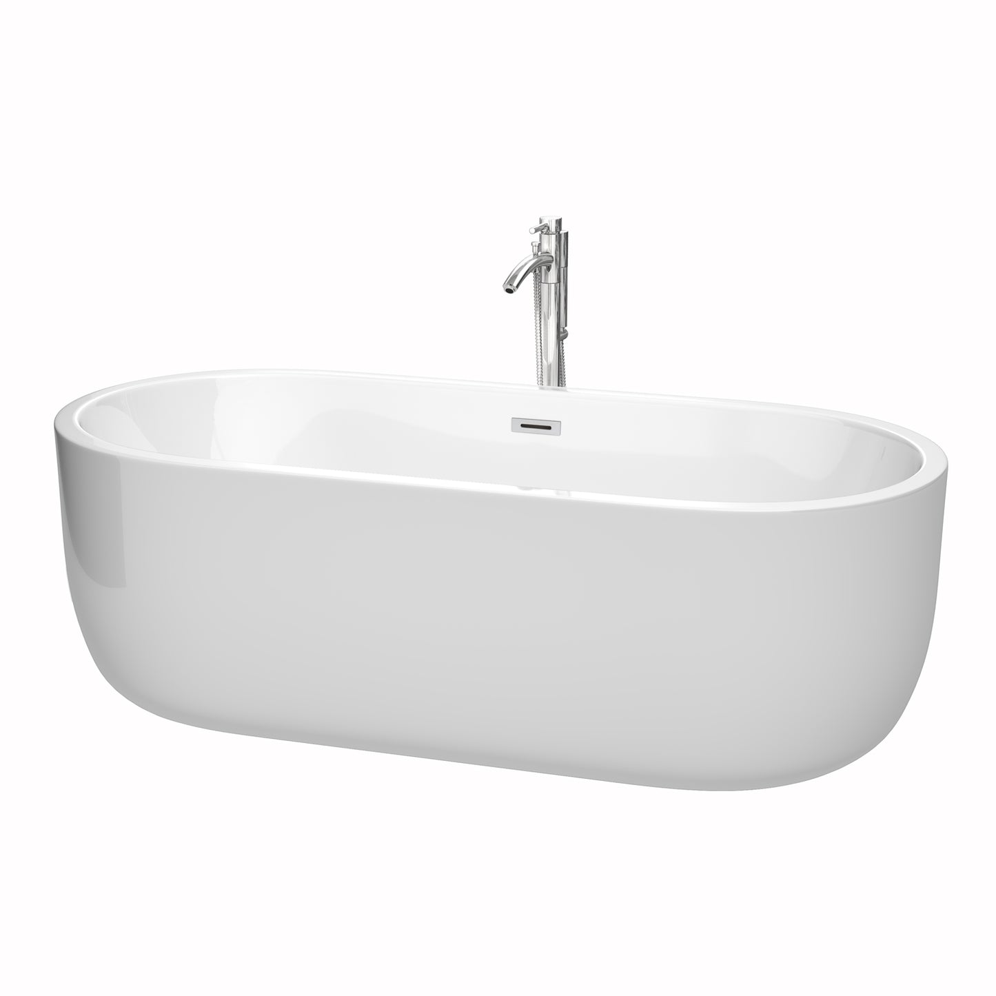 Juliette 71 Inch Freestanding Bathtub in White with Floor Mounted Faucet, Drain and Overflow Trim in Polished Chrome