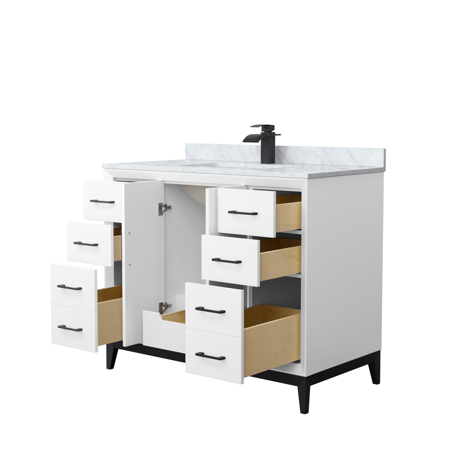 Amici 42 Inch Single Bathroom Vanity in White, White Carrara Marble Countertop, Undermount Square Sink, Matte Black Trim