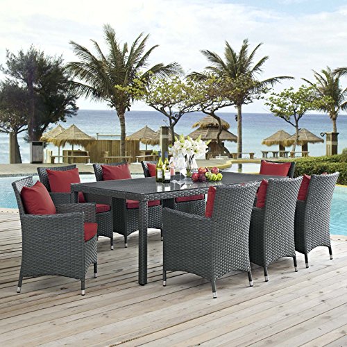 Modway EEI-2310-CHC-RED-SET Sojourn 11 Piece Outdoor Patio Sunbrella Dining Set in Canvas Red