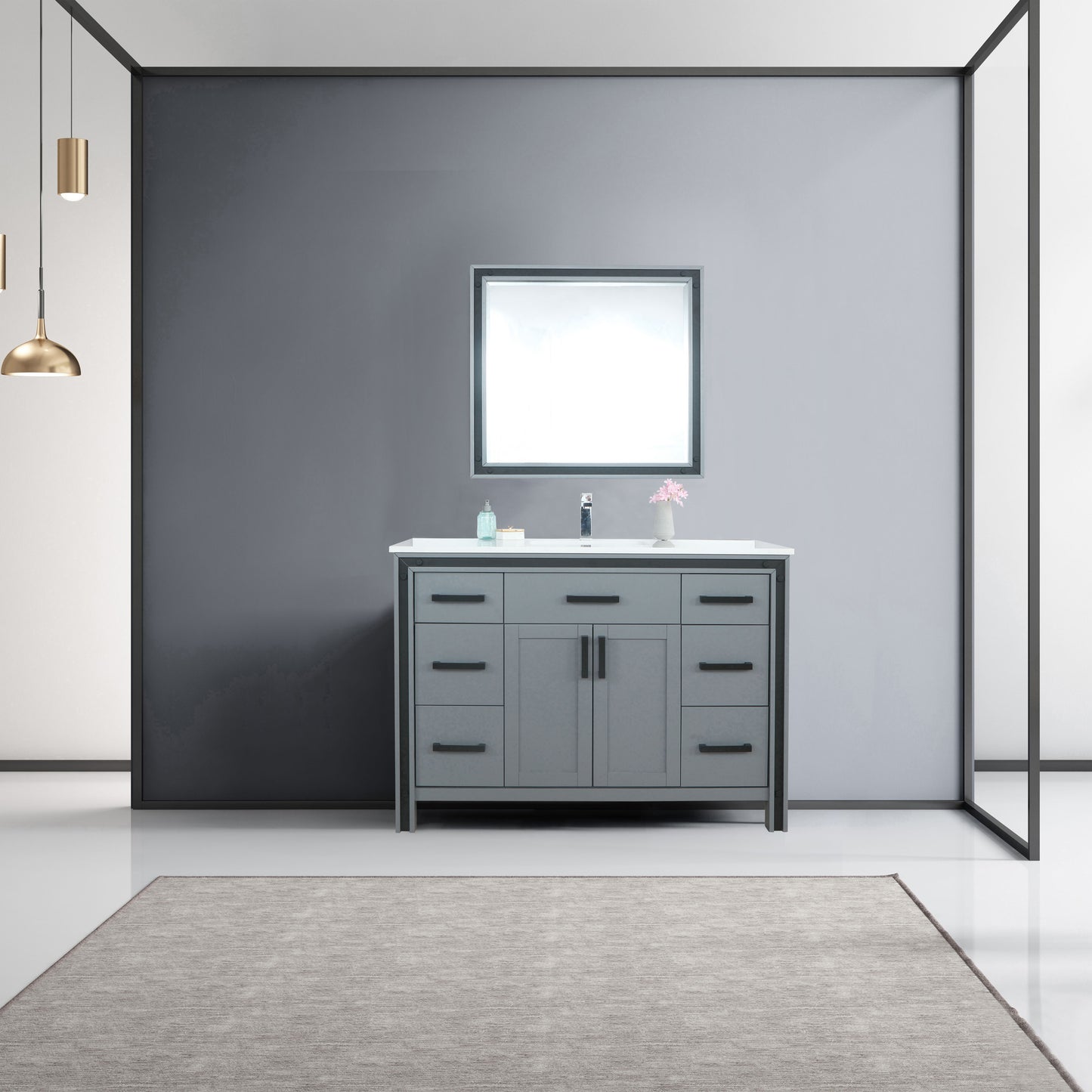 Ziva 48" Dark Grey Single Vanity, Cultured Marble Top, White Square Sink and 34" Mirror w/ Faucet