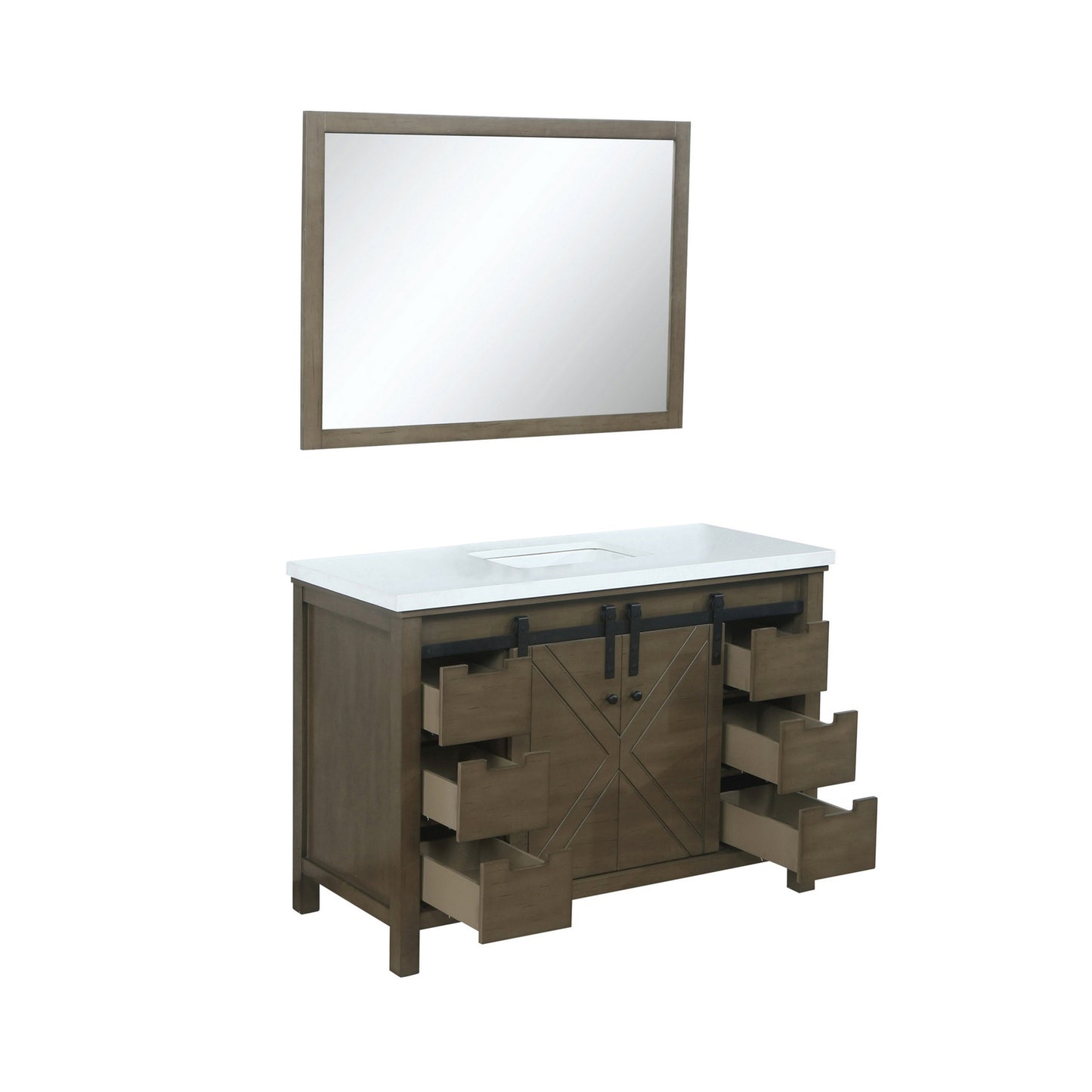 Marsyas 48" Rustic Brown Single Vanity, White Quartz Top, White Square Sink and 44" Mirror