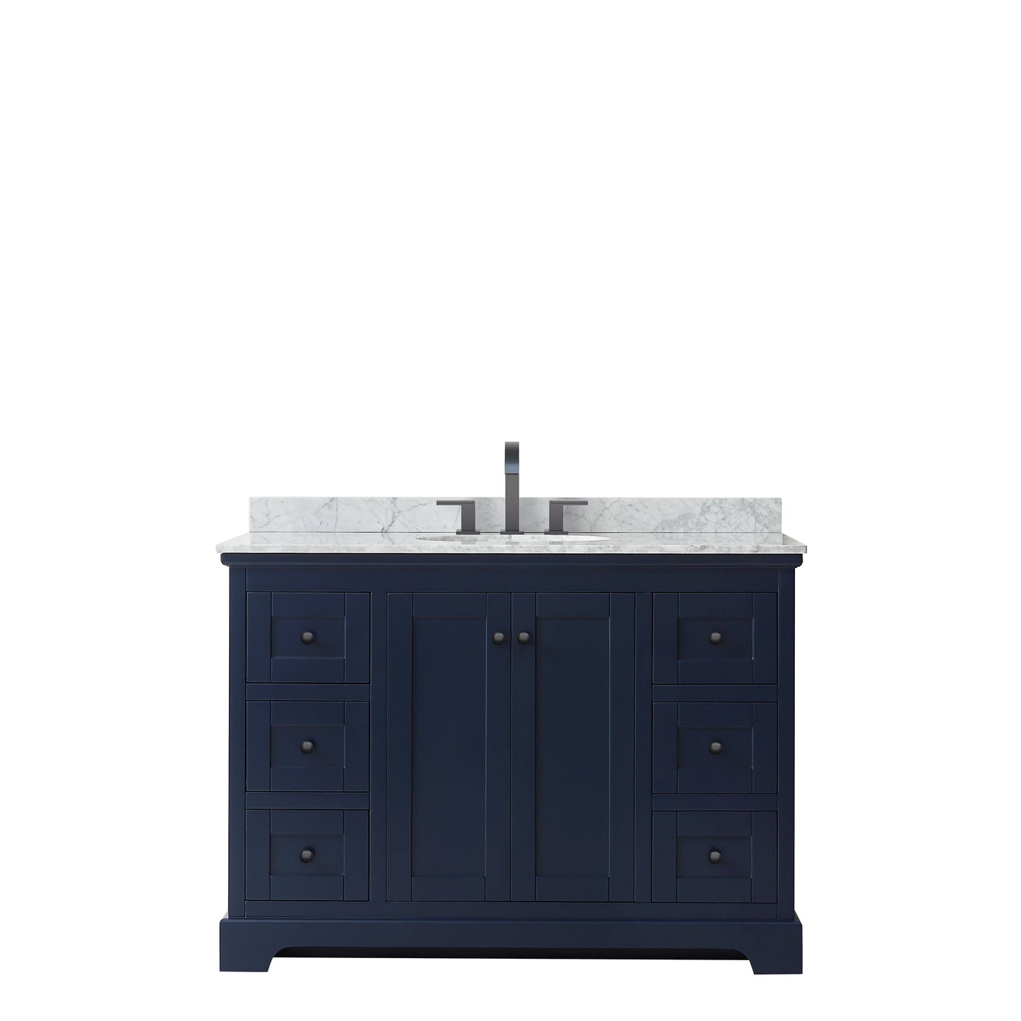 Avery 48 Inch Single Bathroom Vanity in Dark Blue, White Carrara Marble Countertop, Undermount Oval Sink, Matte Black Trim