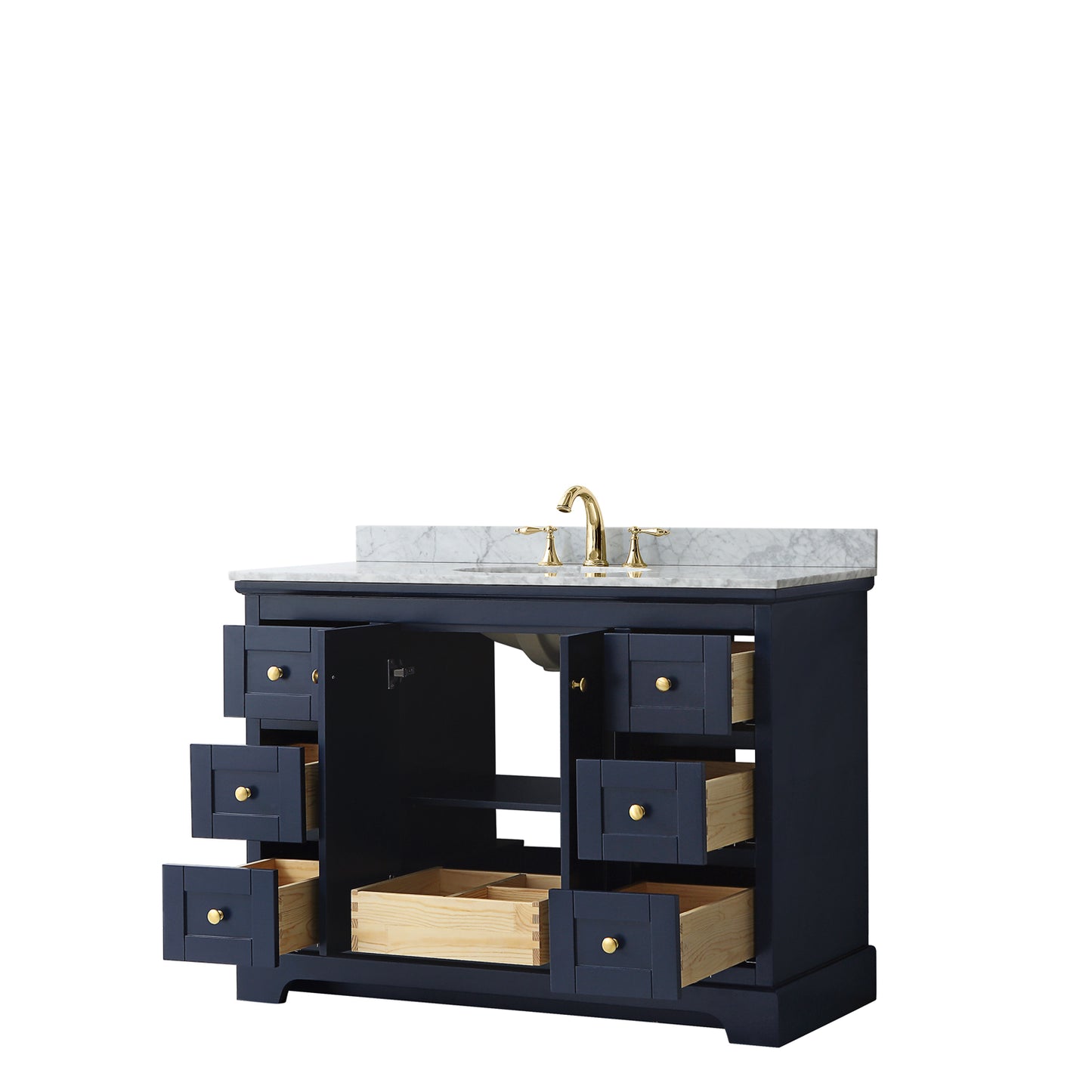 Avery 48 Inch Single Bathroom Vanity in Dark Blue, White Carrara Marble Countertop, Undermount Oval Sink, and No Mirror