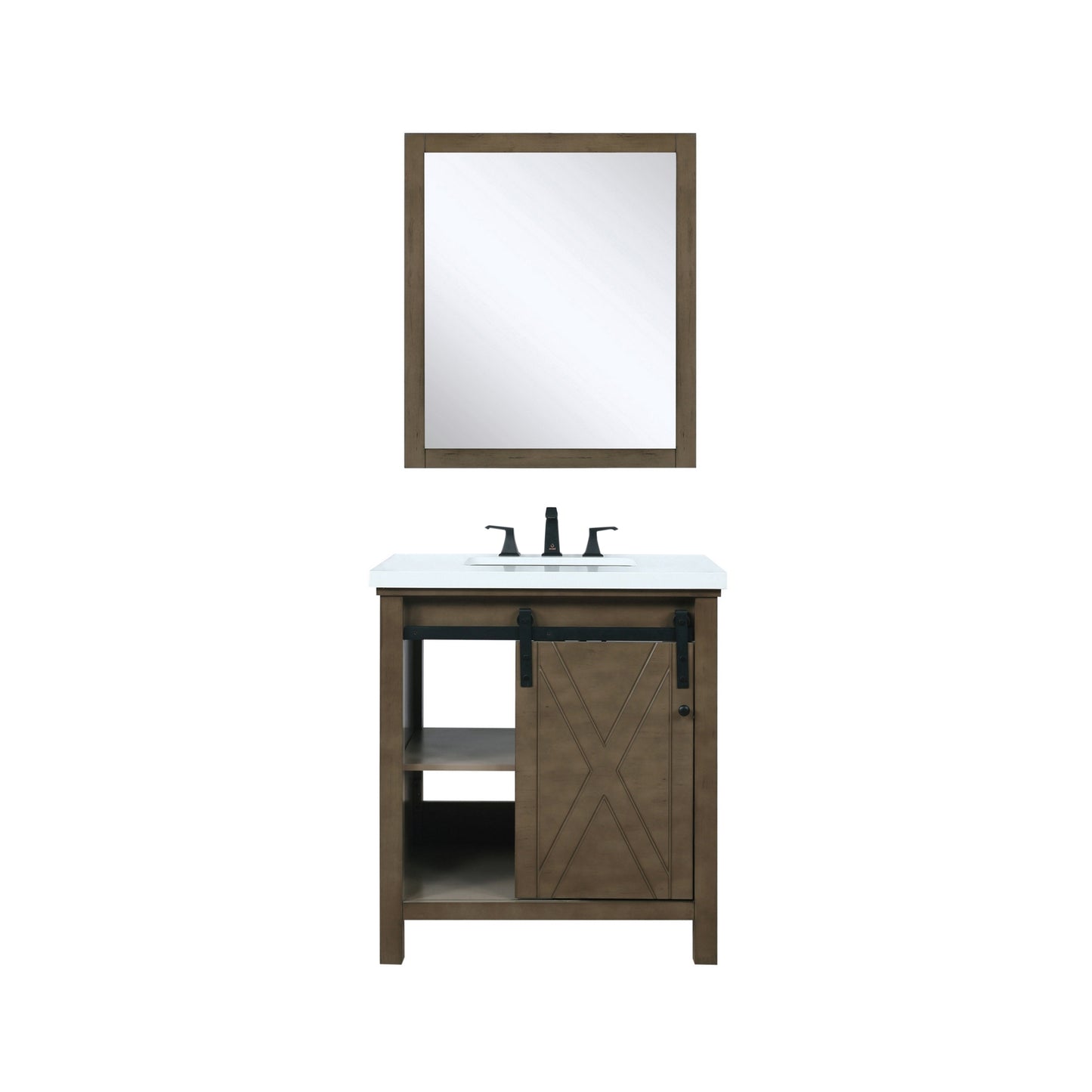 Marsyas 30" Rustic Brown Single Vanity, White Quartz Top, White Square Sink and 28" Mirror w/ Faucet
