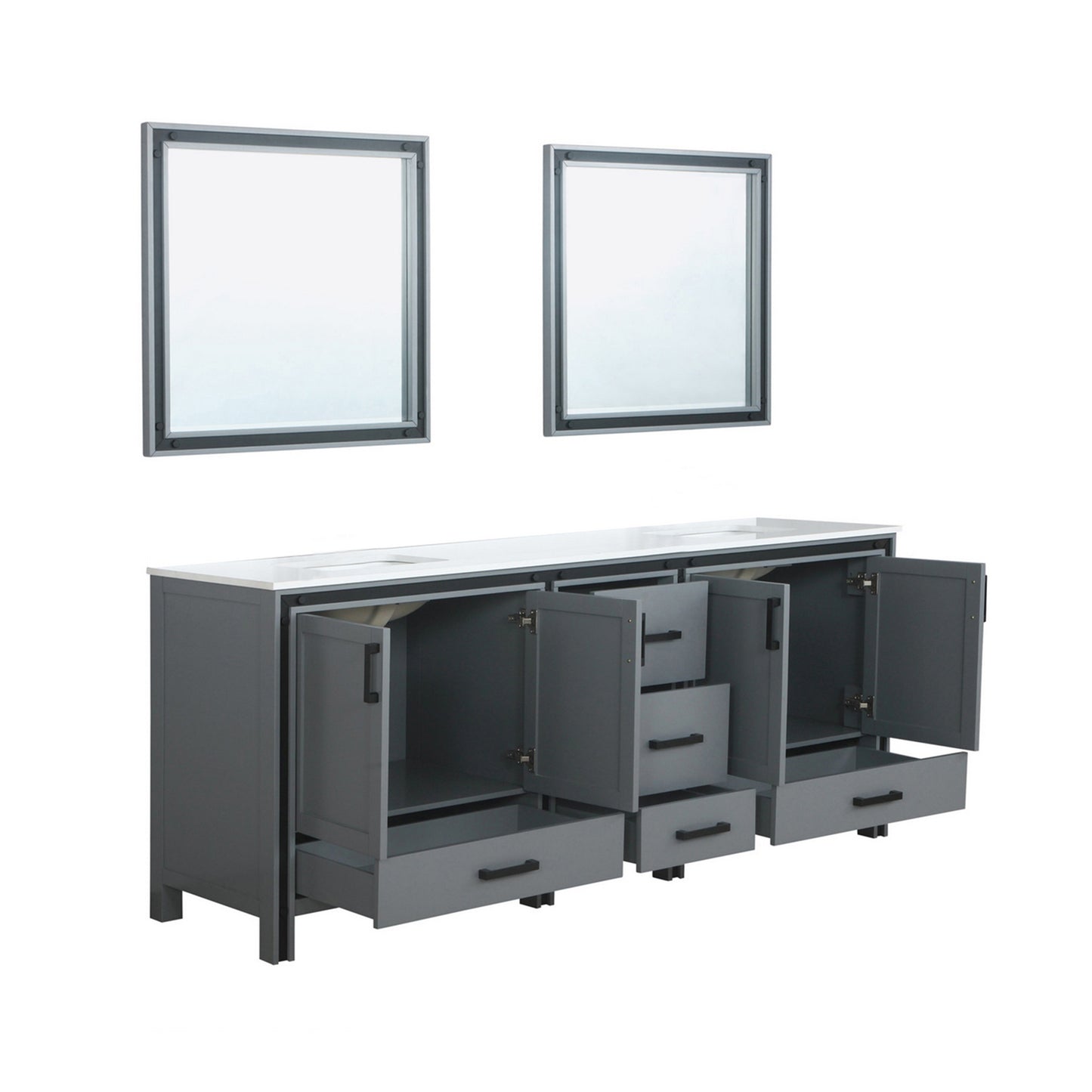 Ziva 84" Dark Grey Double Vanity, Cultured Marble Top, White Square Sink and 34" Mirrors