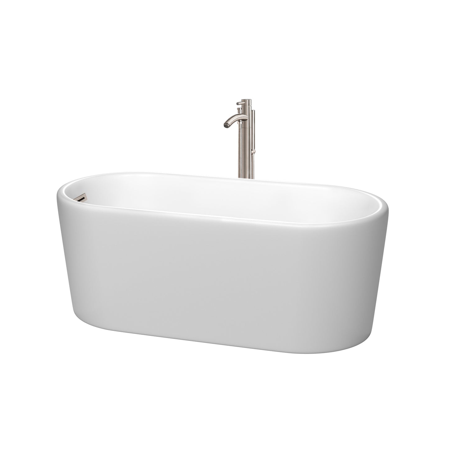Ursula 59 Inch Freestanding Bathtub in Matte White with Floor Mounted Faucet, Drain and Overflow Trim in Brushed Nickel