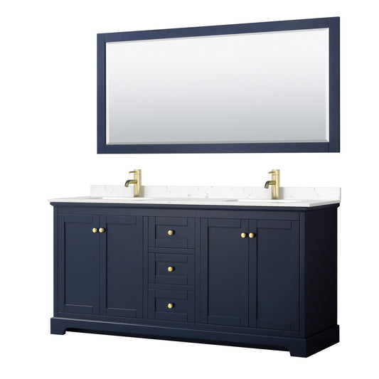 Avery 72 Inch Double Bathroom Vanity in Dark Blue, Carrara Cultured Marble Countertop, Undermount Square Sinks, 70 Inch Mirror