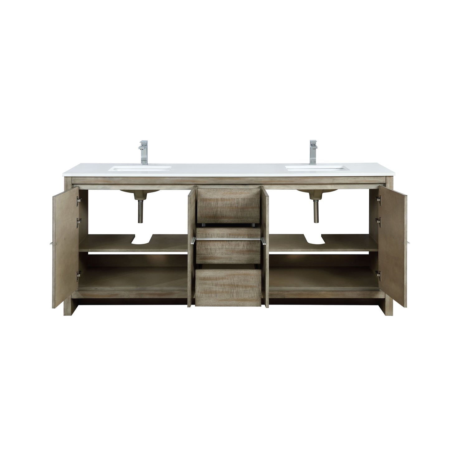 Lafarre 80" Rustic Acacia Double Bathroom Vanity, White Quartz Top, White Square Sinks, and Balzani Gun Metal Faucet Set