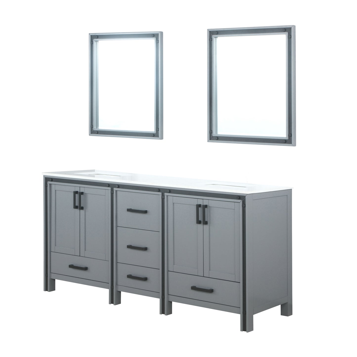 Ziva 72" Dark Grey Double Vanity, Cultured Marble Top, White Square Sink and 30" Mirrors