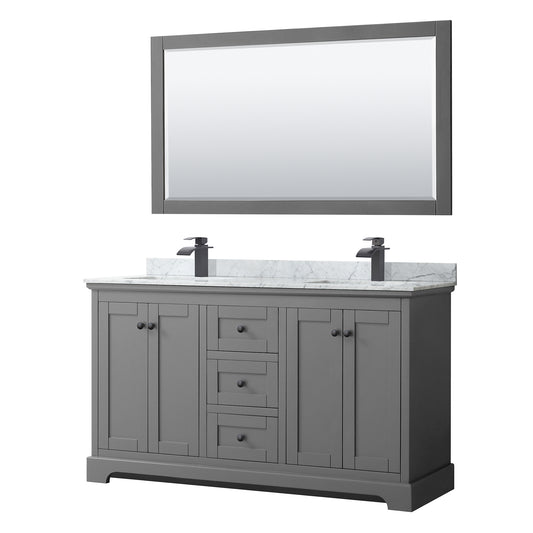 Avery 60 Inch Double Bathroom Vanity in Dark Gray, White Carrara Marble Countertop, Undermount Square Sinks, Matte Black Trim, 58 Inch Mirror