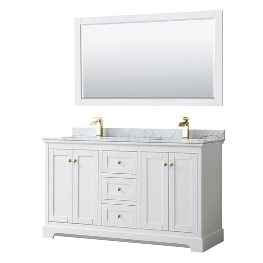 Avery 60 Inch Double Bathroom Vanity in White, White Carrara Marble Countertop, Undermount Square Sinks, 58 Inch Mirror, Brushed Gold Trim