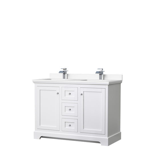 Avery 48 Inch Double Bathroom Vanity in White, White Cultured Marble Countertop, Undermount Square Sinks, No Mirror