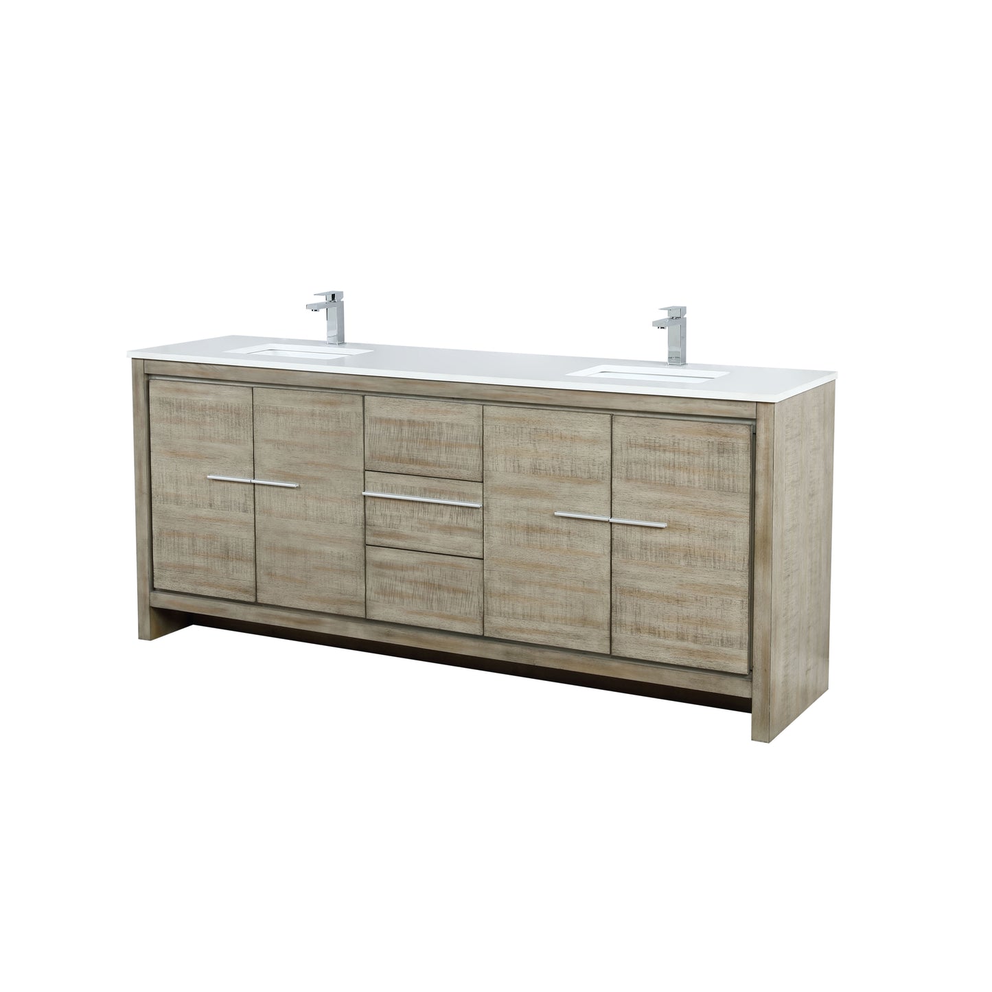 Lafarre 80" Rustic Acacia Double Bathroom Vanity, White Quartz Top, White Square Sinks, and Monte Chrome Faucet Set