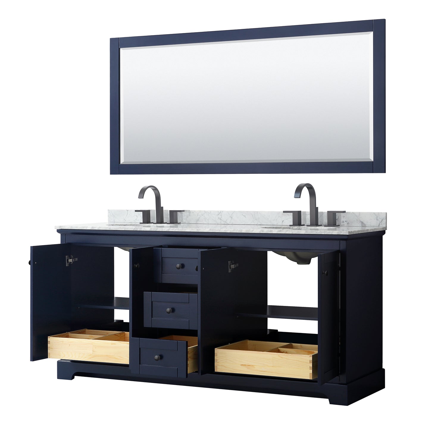 Avery 72 Inch Double Bathroom Vanity in Dark Blue, White Carrara Marble Countertop, Undermount Oval Sinks, Matte Black Trim, 70 Inch Mirror