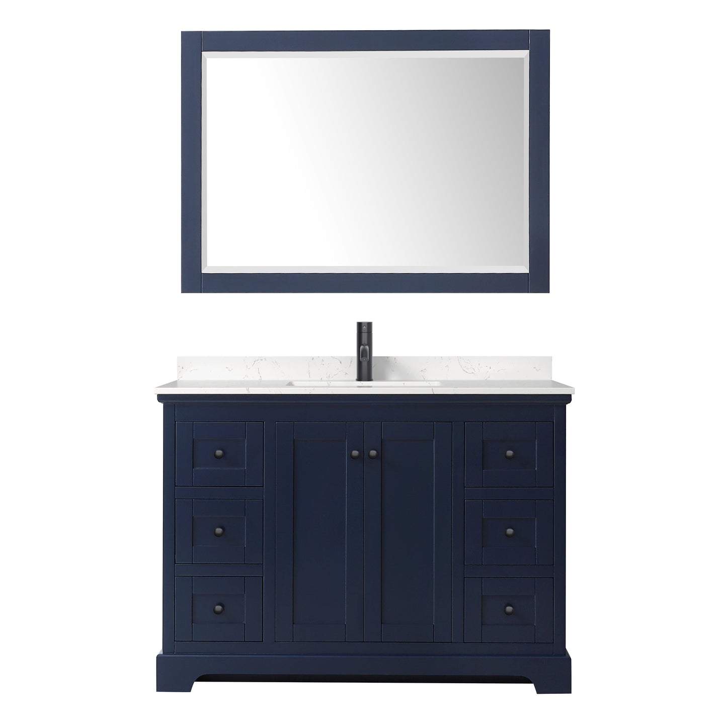 Avery 48 Inch Single Bathroom Vanity in Dark Blue, Carrara Cultured Marble Countertop, Undermount Square Sink, Matte Black Trim, 46 Inch Mirror