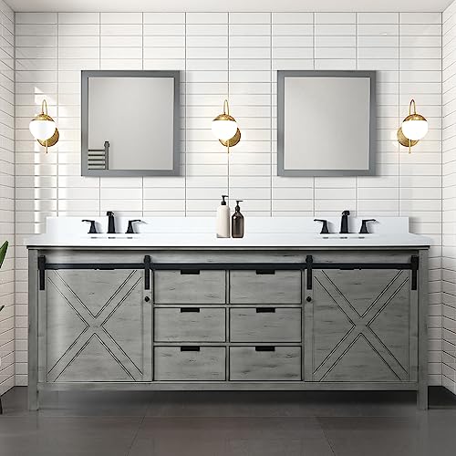 Lexora Marsyas Bath Vanity, Cultured Marble Countertop, Faucet Set and 28 in Mirror