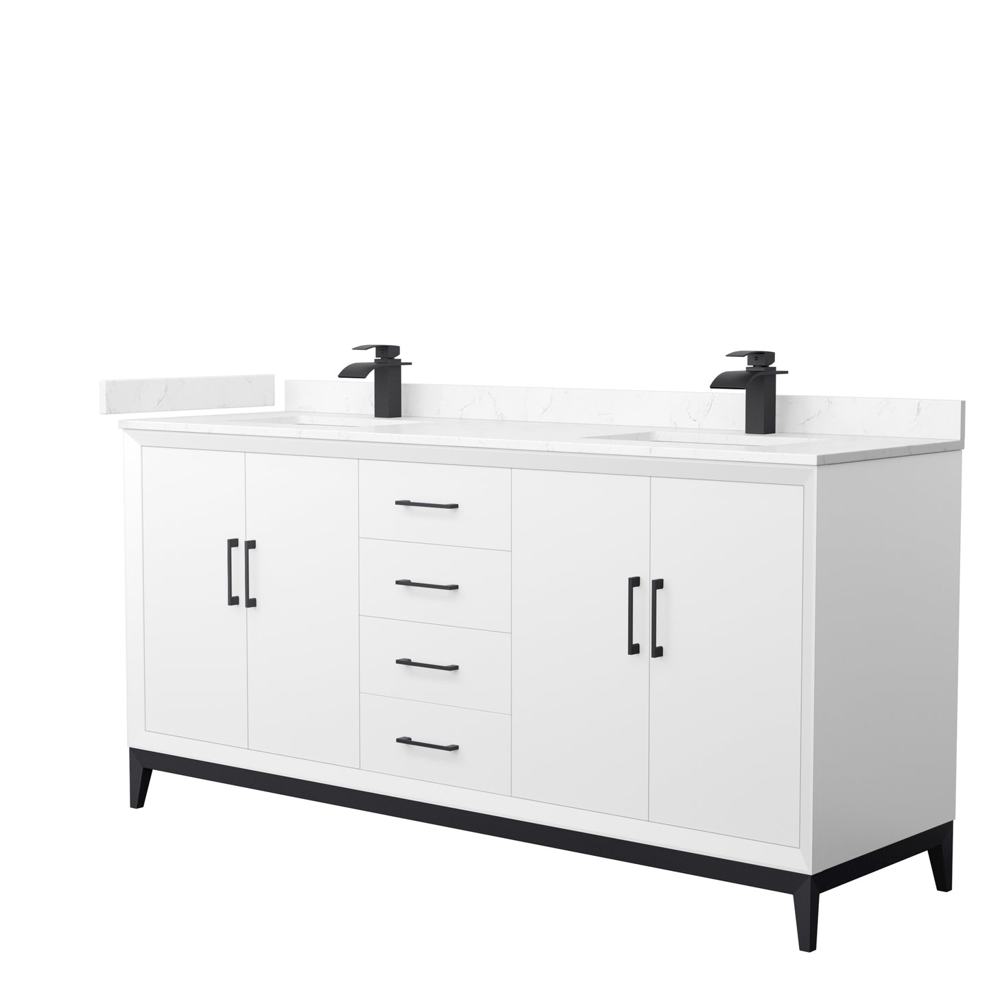 Amici 72 Inch Double Bathroom Vanity in White, Carrara Cultured Marble Countertop, Undermount Square Sinks, Matte Black Trim
