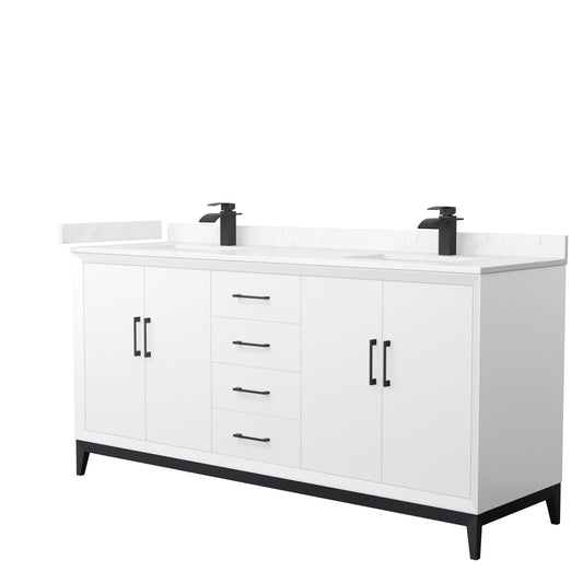 Amici 72 Inch Double Bathroom Vanity in White, Carrara Cultured Marble Countertop, Undermount Square Sinks, Matte Black Trim