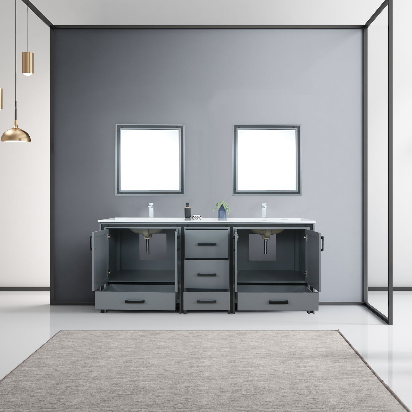 Ziva 80" Dark Grey Double Vanity, Cultured Marble Top, White Square Sink and 30" Mirrors w/ Faucet