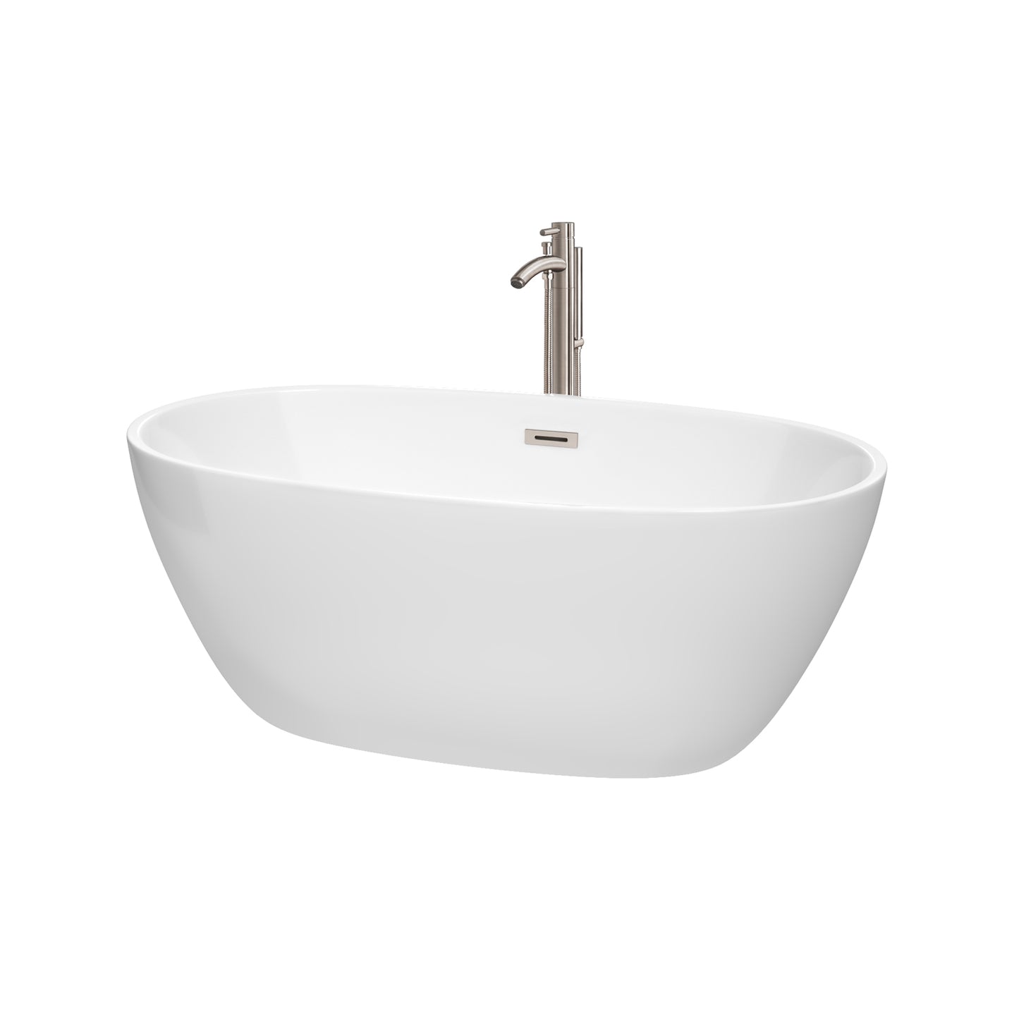 Juno 59 Inch Freestanding Bathtub in White with Floor Mounted Faucet, Drain and Overflow Trim in Brushed Nickel