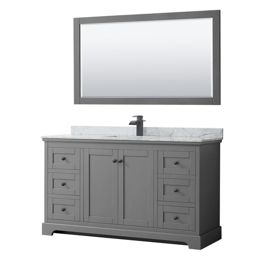 Avery 60 Inch Single Bathroom Vanity in Dark Gray, White Carrara Marble Countertop, Undermount Square Sink, Matte Black Trim, 58 Inch Mirror