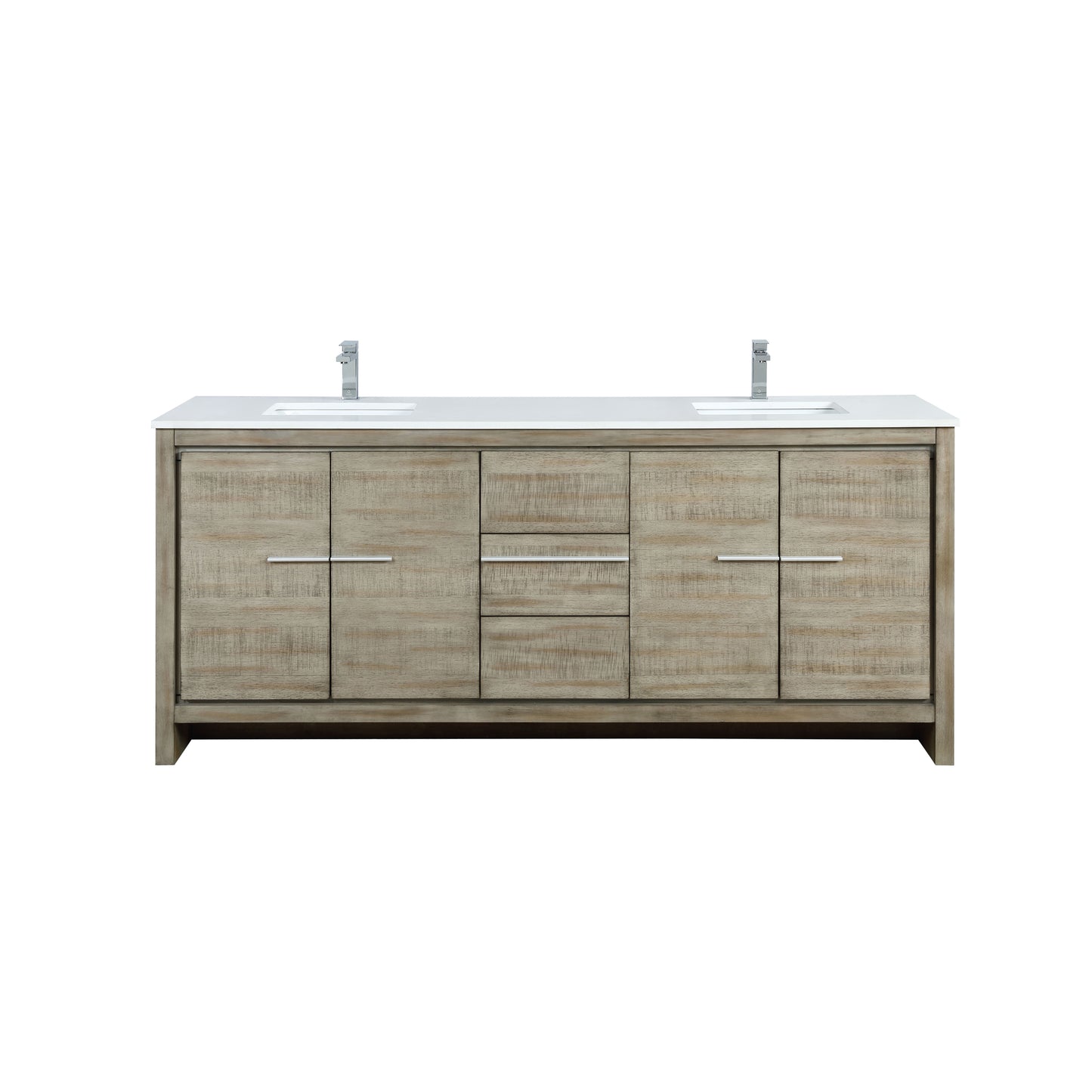 Lafarre 80" Rustic Acacia Double Bathroom Vanity, White Quartz Top, White Square Sinks, and Monte Chrome Faucet Set