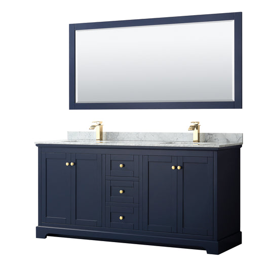 Avery 72 Inch Double Bathroom Vanity in Dark Blue, White Carrara Marble Countertop, Undermount Square Sinks, and 70 Inch Mirror