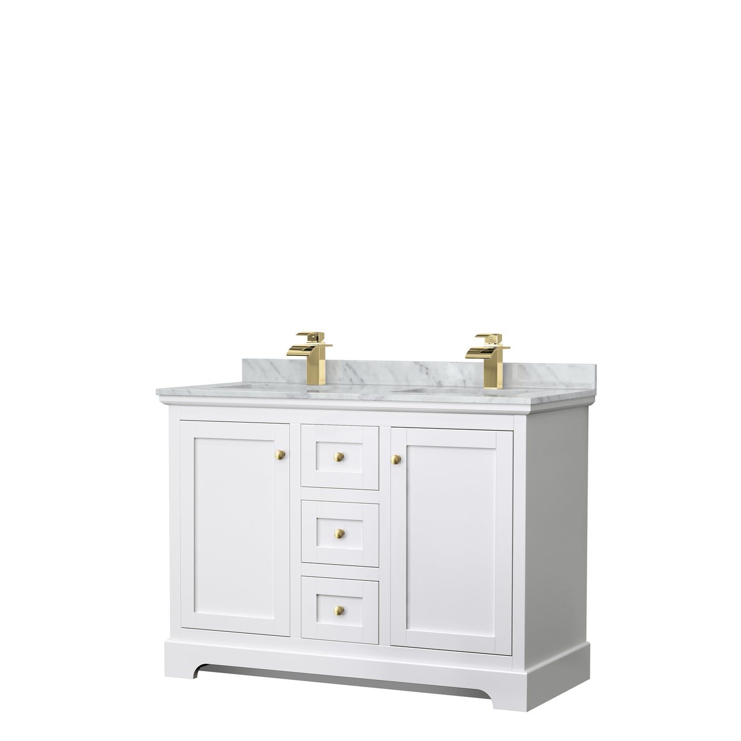 Avery 48 Inch Double Bathroom Vanity in White, White Carrara Marble Countertop, Undermount Square Sinks, Brushed Gold Trim