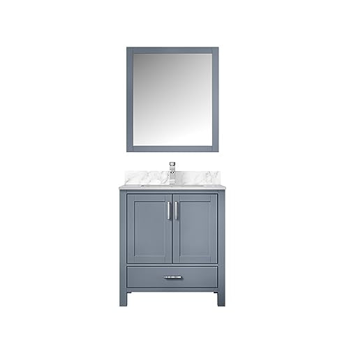 Lexora Jacques Bath Vanity, Carrara Marble Top, Faucet Set, and 28 in. Mirror