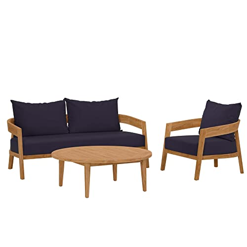 Modway Brisbane 3-Piece Teak Wood Outdoor Patio Set - Natural/Navy