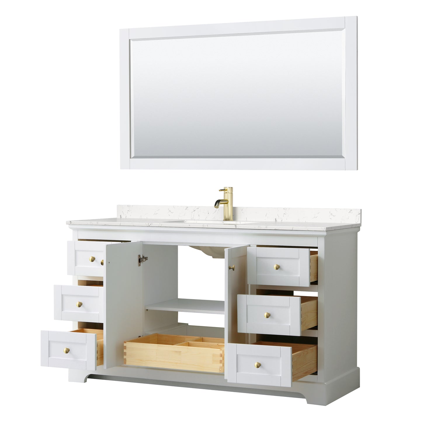 Avery 60 Inch Single Bathroom Vanity in White, Carrara Cultured Marble Countertop, Undermount Square Sink, 58 Inch Mirror, Brushed Gold Trim