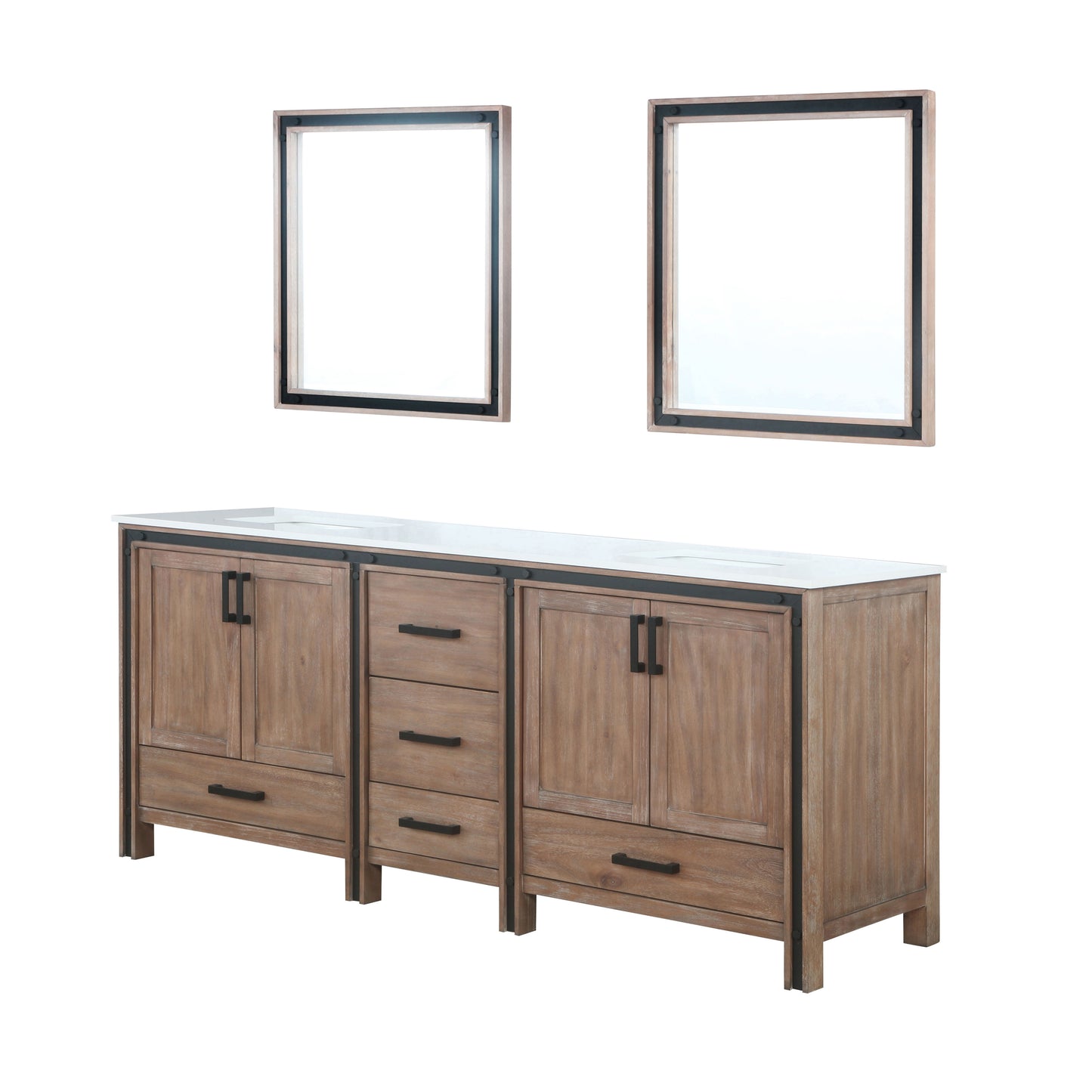 Ziva 80" Rustic Barnwood Double Vanity, Cultured Marble Top, White Square Sink and 30" Mirrors