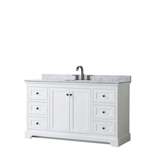 Avery 60 Inch Single Bathroom Vanity in White, White Carrara Marble Countertop, Undermount Oval Sink, Matte Black Trim