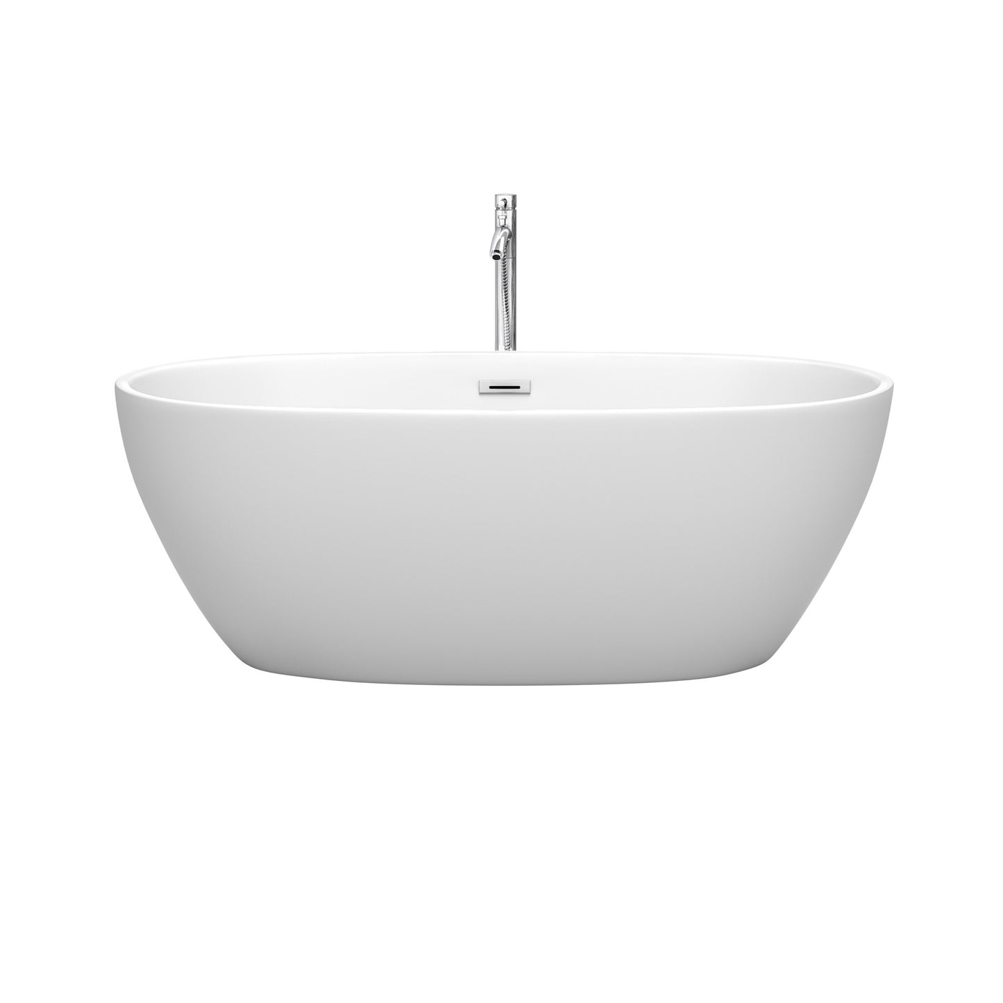 Juno 63 Inch Freestanding Bathtub in Matte White with Floor Mounted Faucet, Drain and Overflow Trim in Polished Chrome