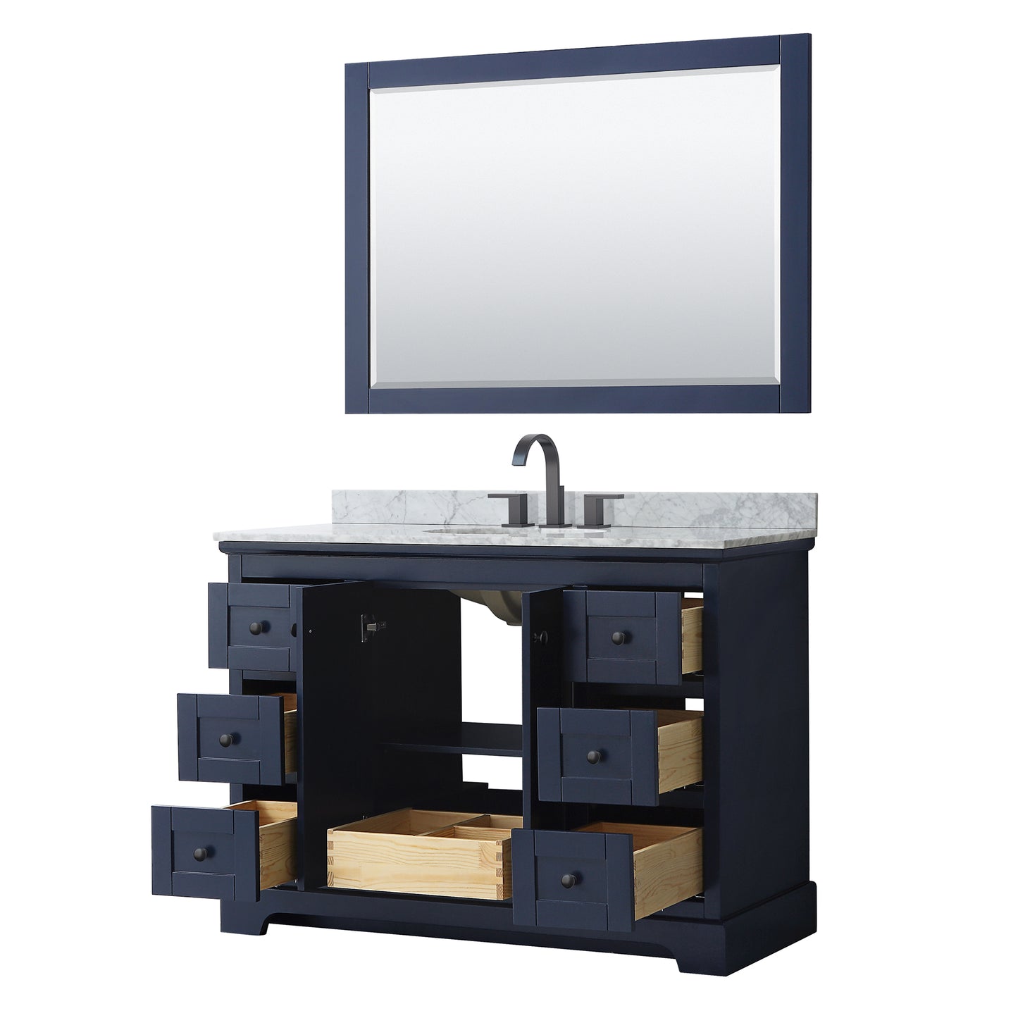 Avery 48 Inch Single Bathroom Vanity in Dark Blue, White Carrara Marble Countertop, Undermount Oval Sink, Matte Black Trim, 46 Inch Mirror