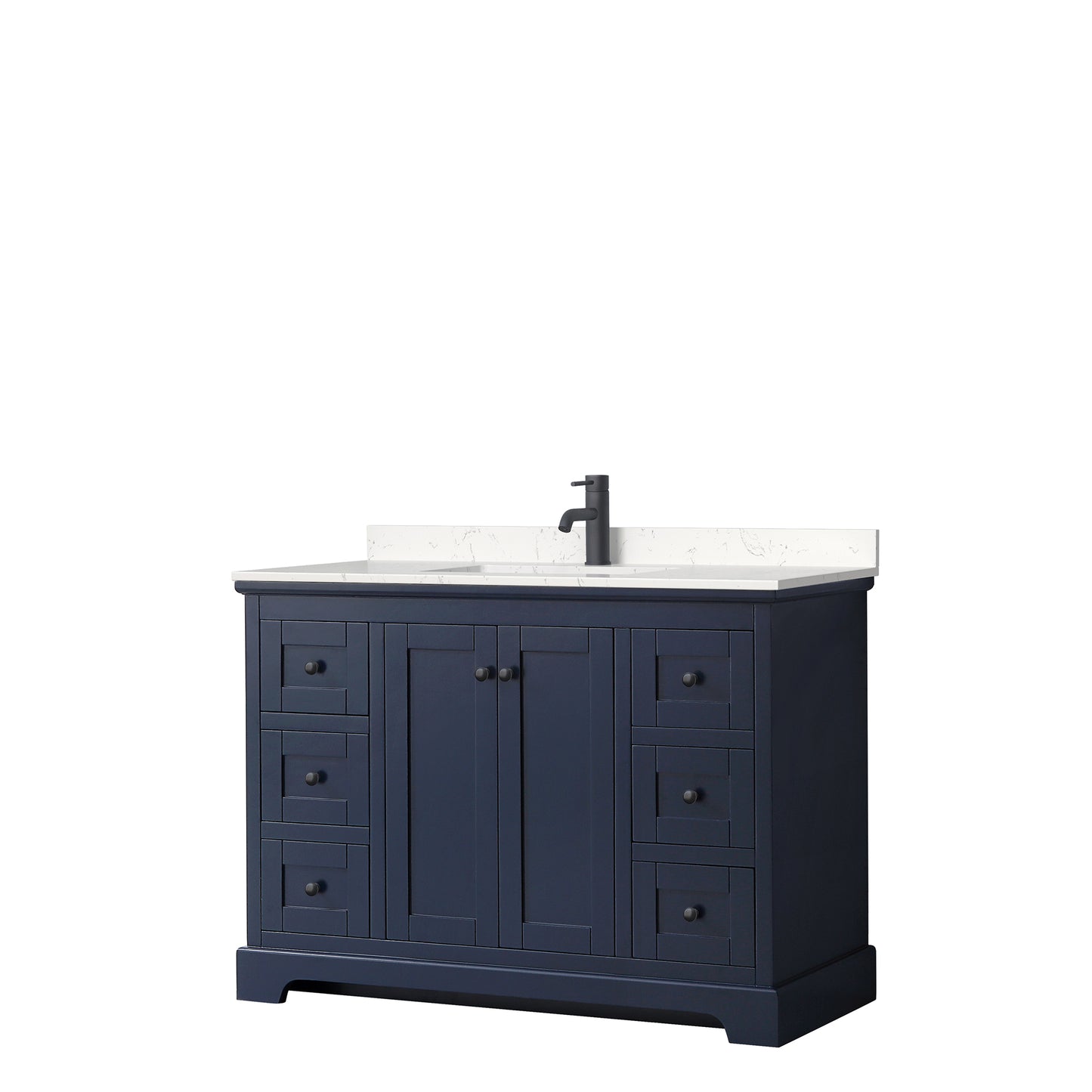 Avery 48 Inch Single Bathroom Vanity in Dark Blue, Carrara Cultured Marble Countertop, Undermount Square Sink, Matte Black Trim