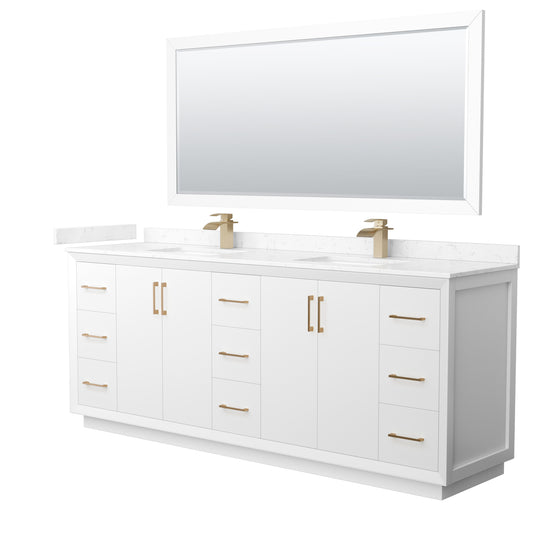 Strada 84 Inch Double Bathroom Vanity in White, Carrara Cultured Marble Countertop, Undermount Square Sink, Satin Bronze Trim, 70 Inch Mirror