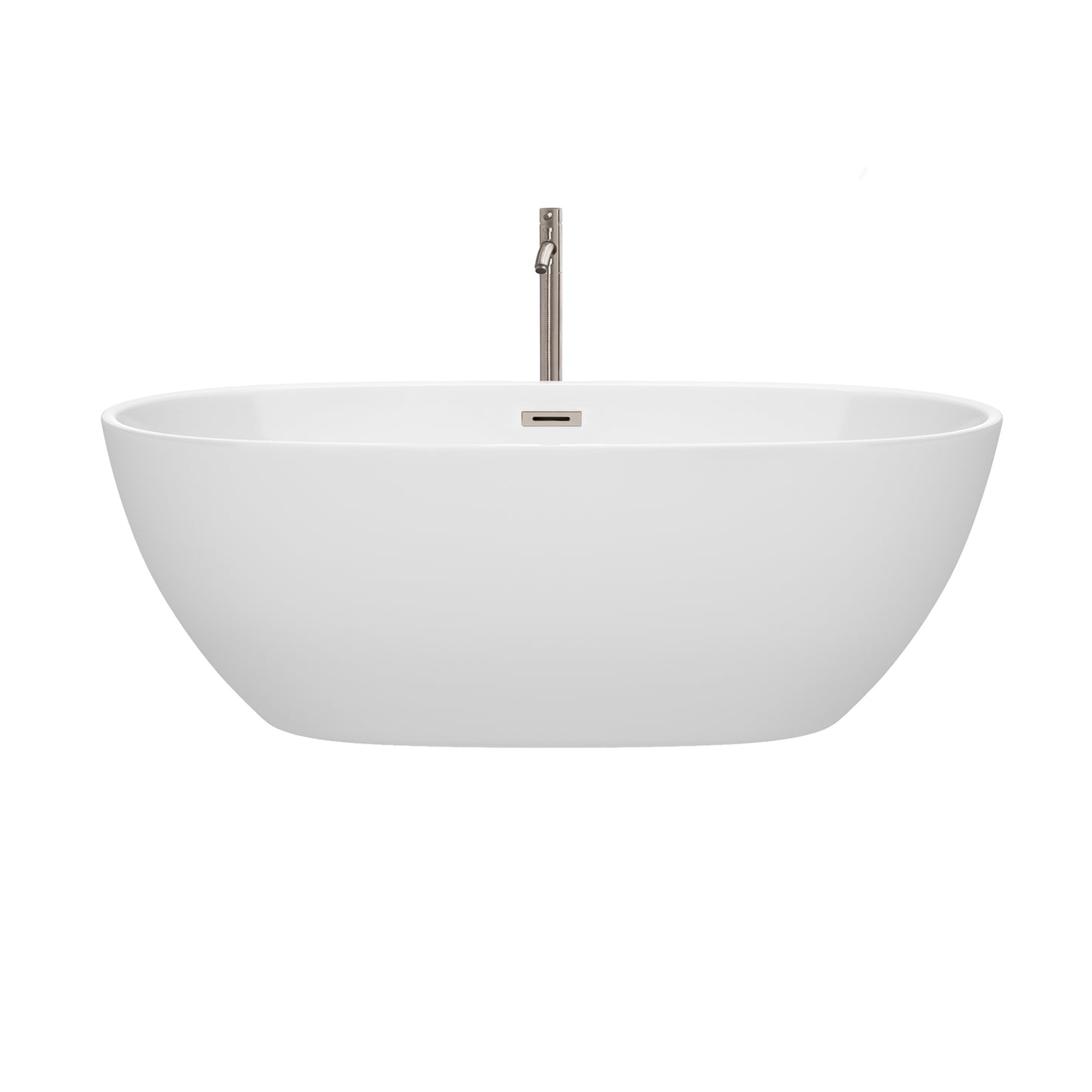 Juno 67 Inch Freestanding Bathtub in White with Floor Mounted Faucet, Drain and Overflow Trim in Brushed Nickel