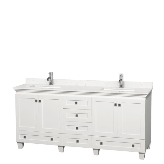 Acclaim 72 Inch Double Bathroom Vanity in White, Carrara Cultured Marble Countertop, Undermount Square Sinks, No Mirrors