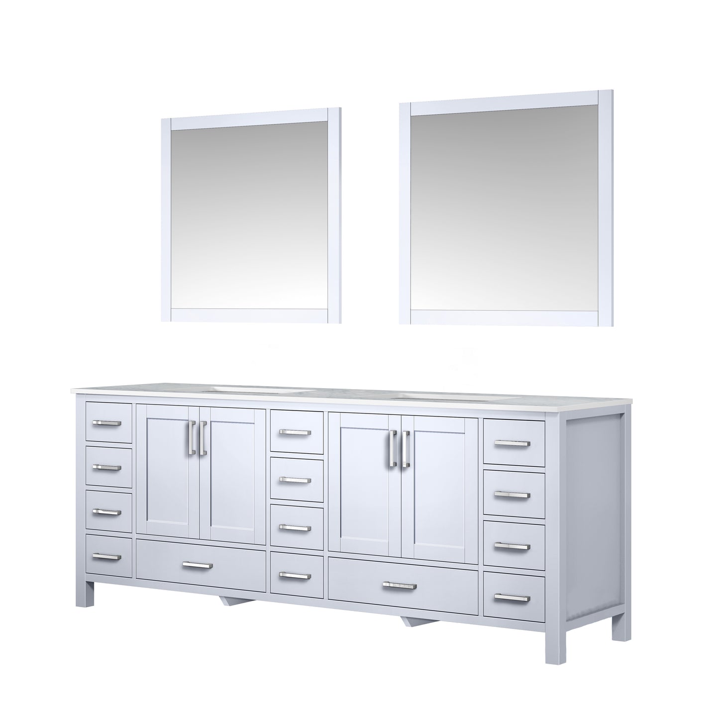 Jacques 84" White Double Vanity, White Carrara Marble Top, White Square Sinks and 34" Mirrors