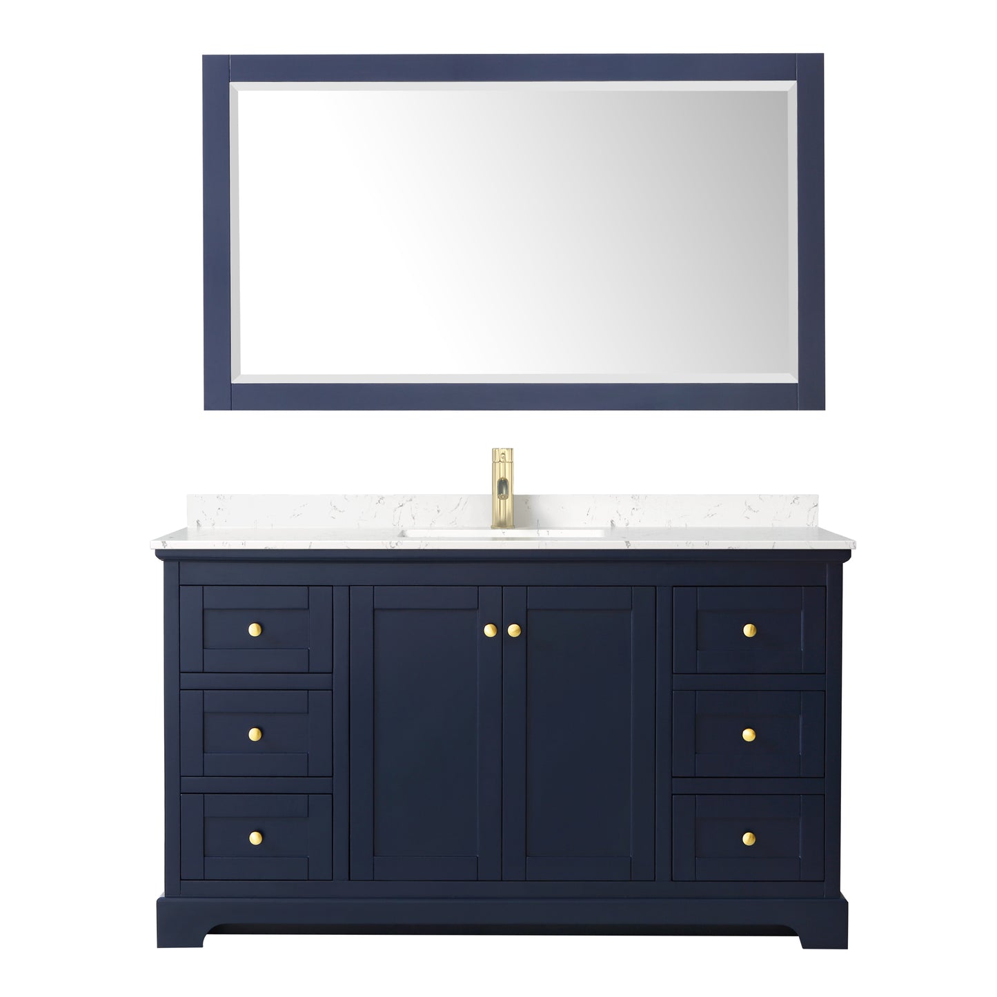 Avery 60 Inch Single Bathroom Vanity in Dark Blue, Carrara Cultured Marble Countertop, Undermount Square Sink, 58 Inch Mirror