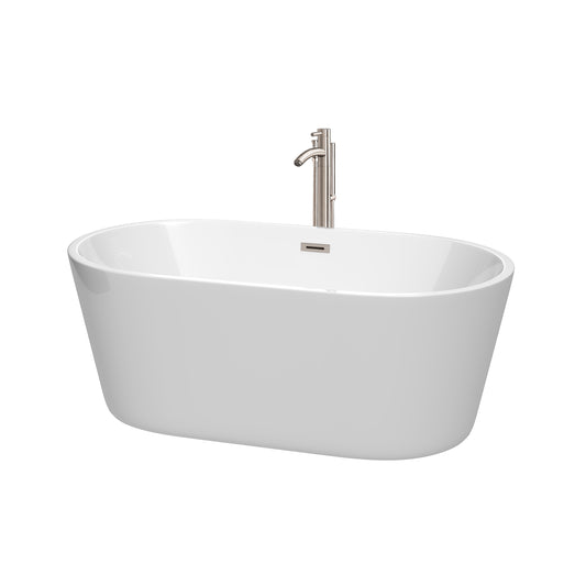 Carissa 60 Inch Freestanding Bathtub in White with Floor Mounted Faucet, Drain and Overflow Trim in Brushed Nickel