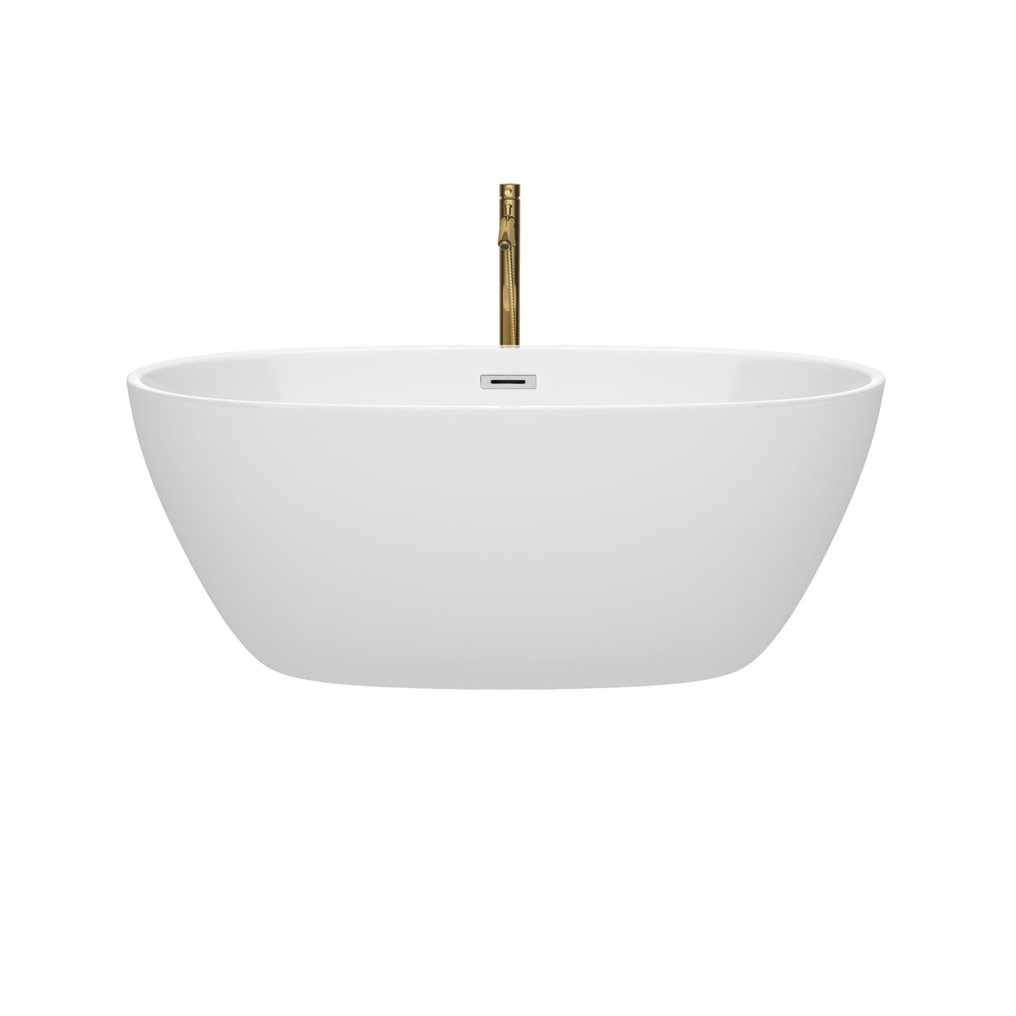 Juno 59 Inch Freestanding Bathtub in White with Polished Chrome Trim and Floor Mounted Faucet in Brushed Gold
