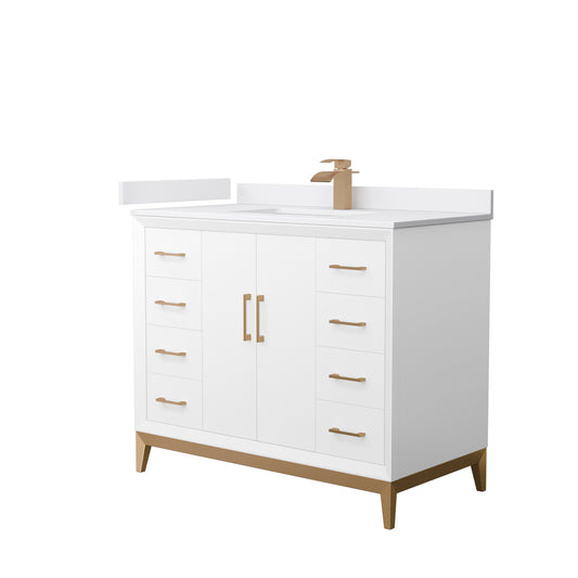 Amici 42 Inch Single Bathroom Vanity in White, White Cultured Marble Countertop, Undermount Square Sink, Satin Bronze Trim
