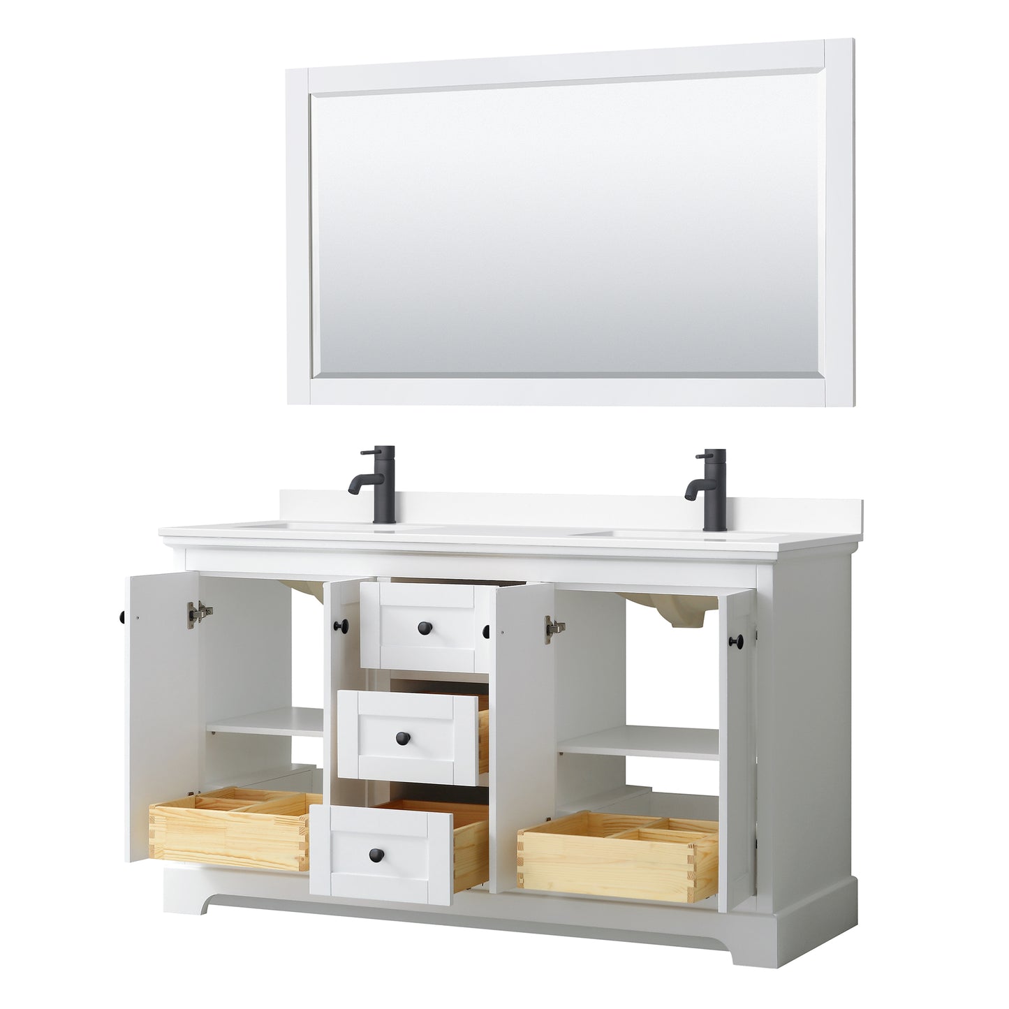 Avery 60 Inch Double Bathroom Vanity in White, White Cultured Marble Countertop, Undermount Square Sinks, Matte Black Trim, 58 Inch Mirror